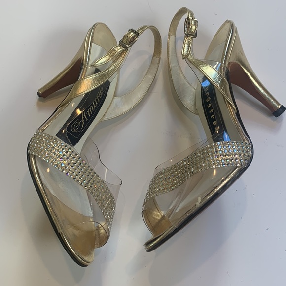 Size 6 Nordstrom Amano clear peep toe gold heels - Picture 3 of 6